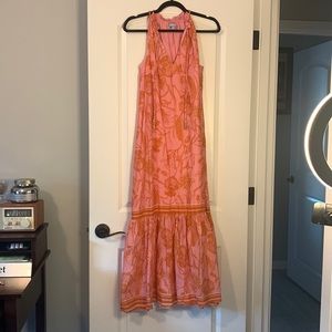 Size small sleeveless tropical dress! Pink background with orange flowers.